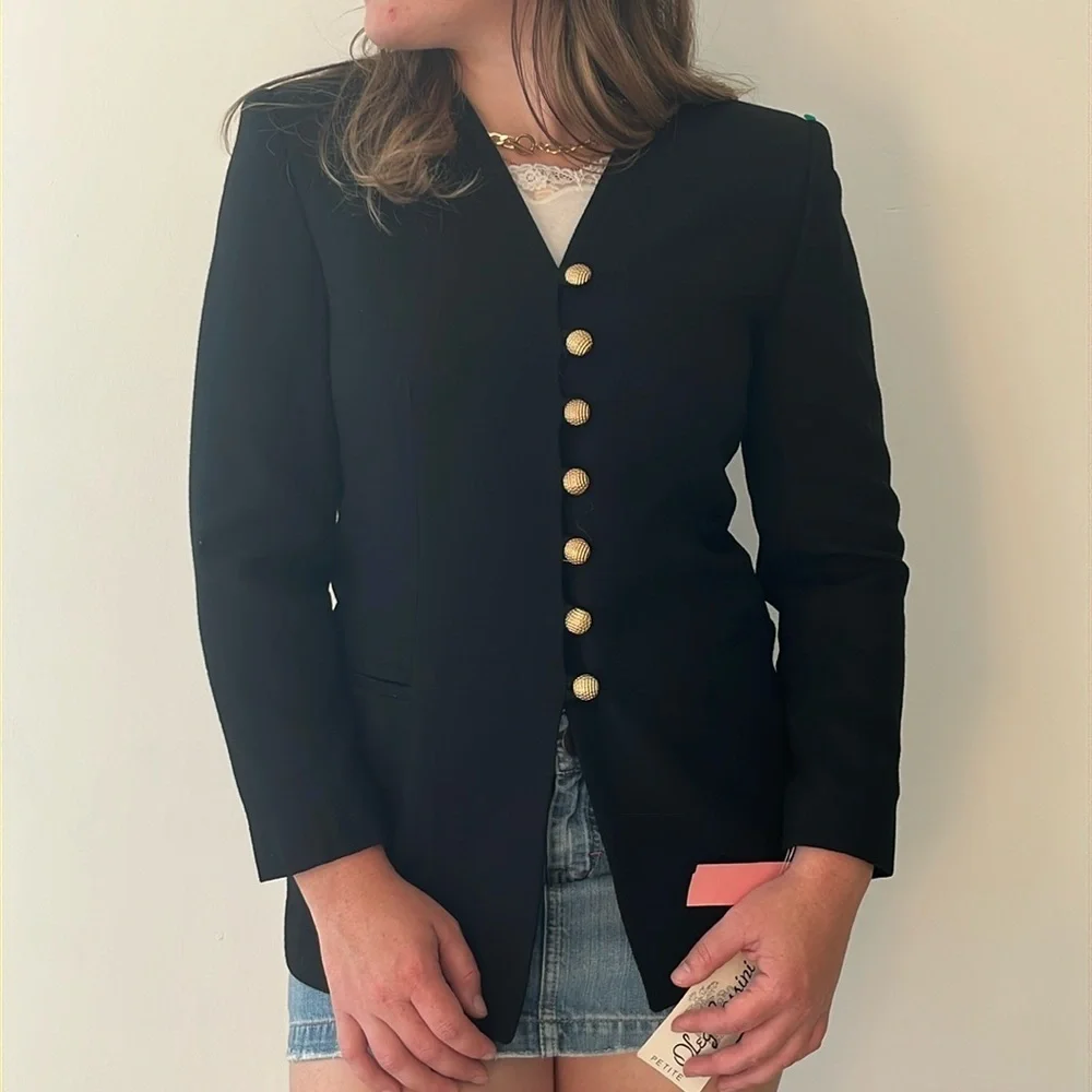 NWT Vintage Oleg Cassini Black w/ Gold Detail Wool Blazer Size 8P